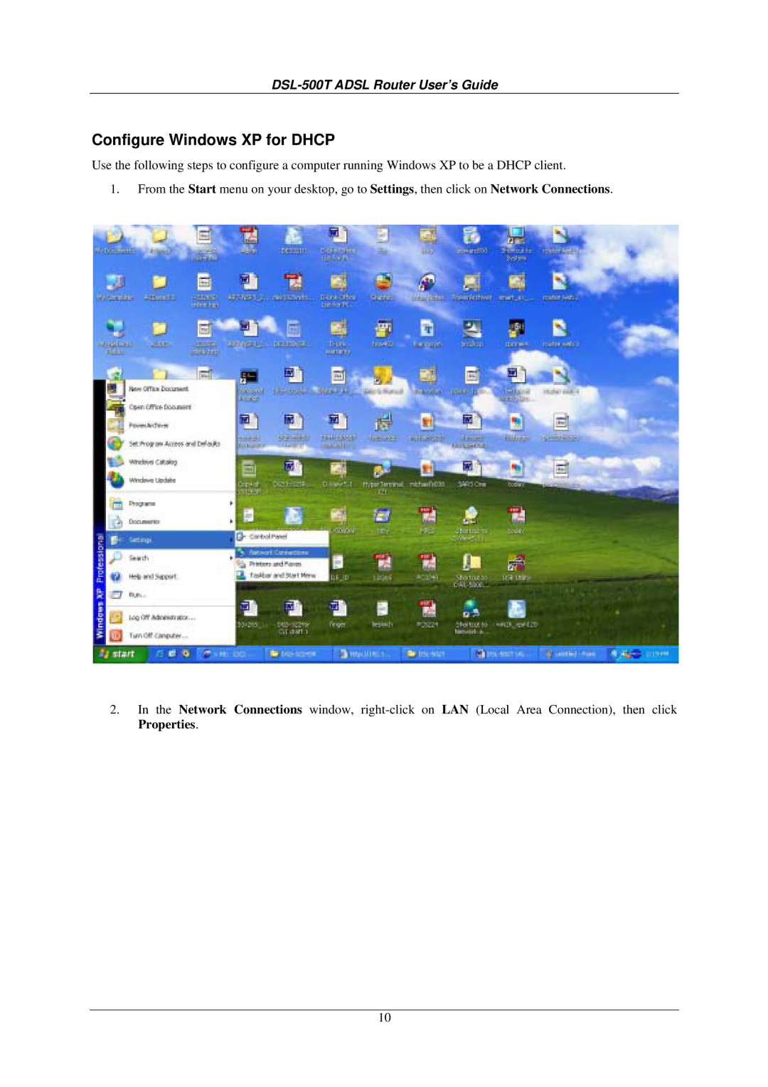 D-Link DSL-500T manual Configure Windows XP for Dhcp 