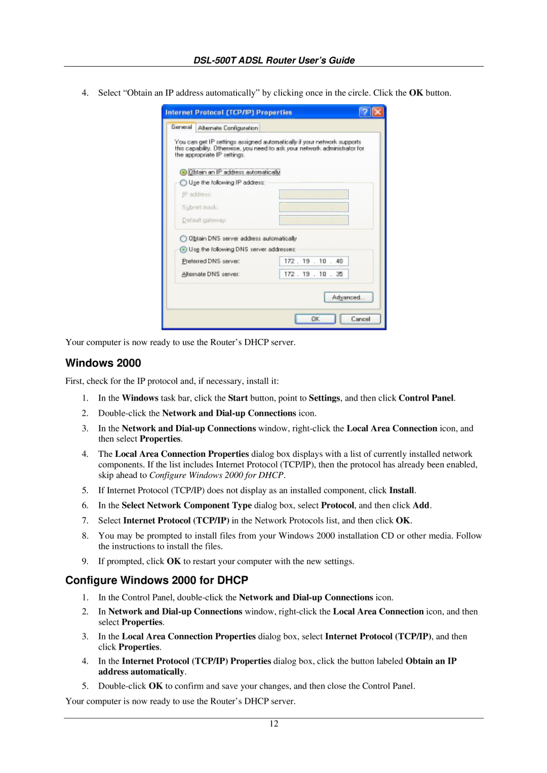 D-Link DSL-500T manual Configure Windows 2000 for Dhcp 