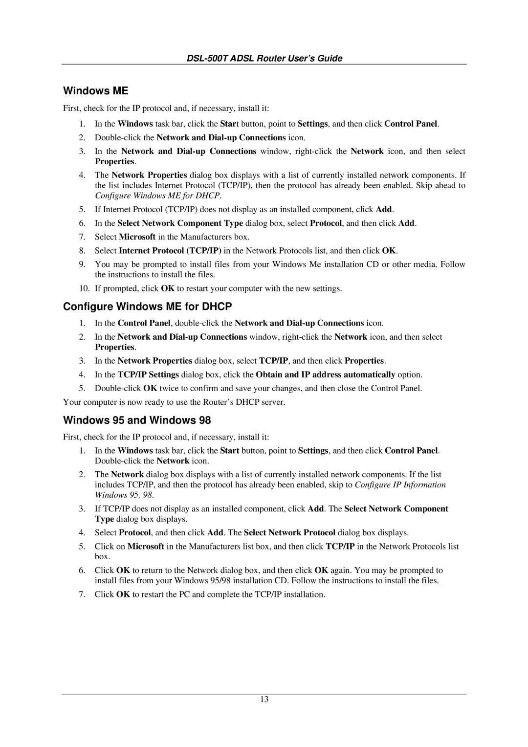 D-Link DSL-500T manual Configure Windows ME for Dhcp, Windows 95 and Windows 