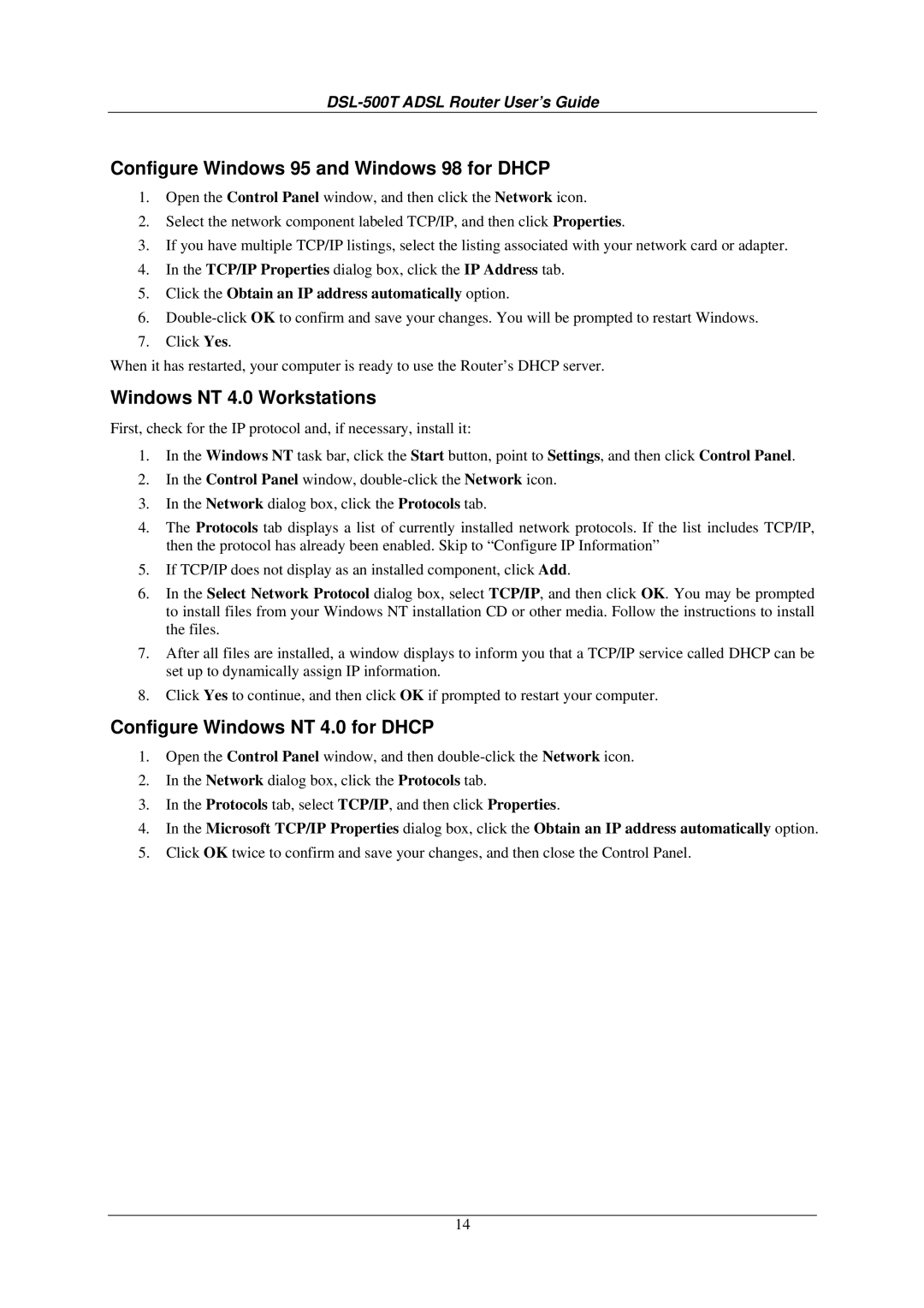 D-Link DSL-500T manual Configure Windows 95 and Windows 98 for Dhcp, Windows NT 4.0 Workstations 