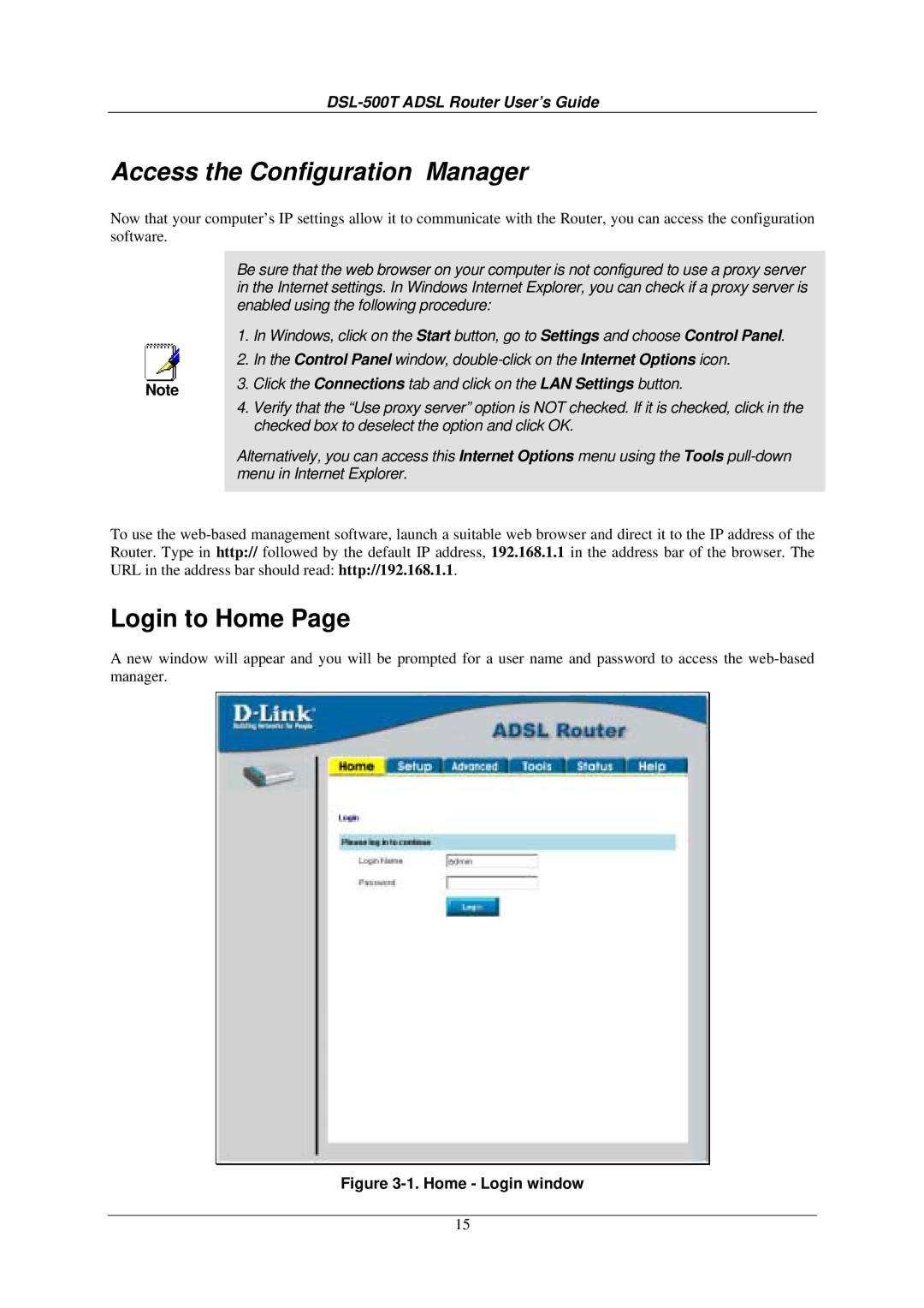 D-Link DSL-500T manual Access the Configuration Manager, Login to Home 