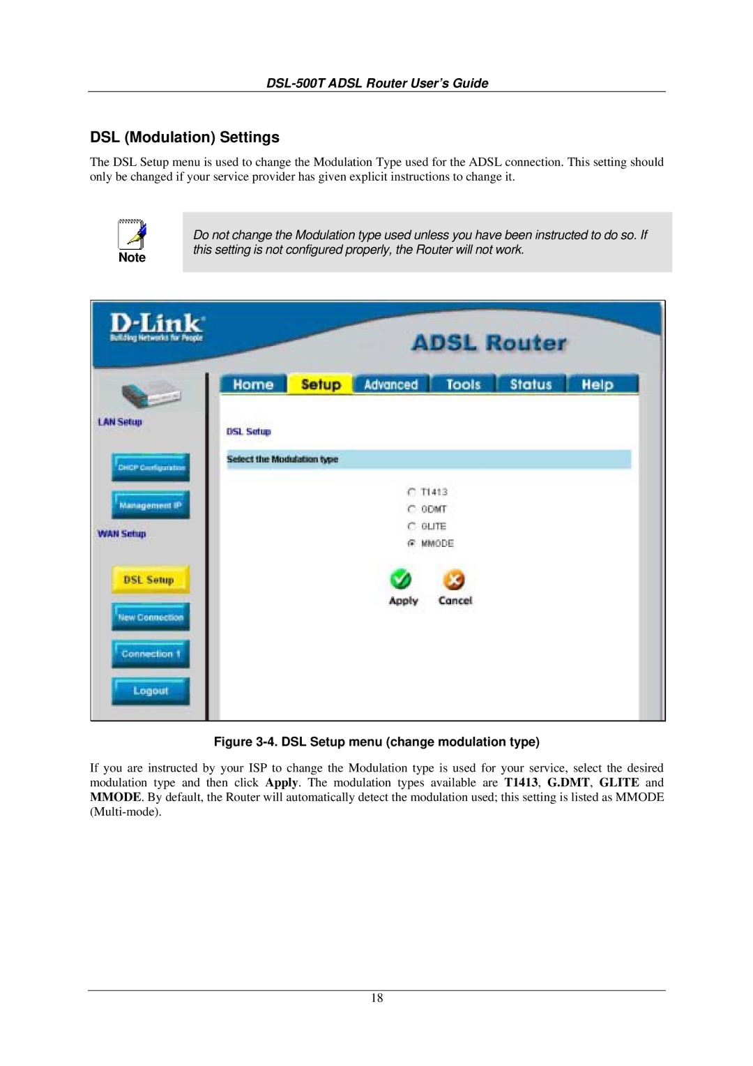 D-Link DSL-500T manual DSL Modulation Settings, DSL Setup menu change modulation type 