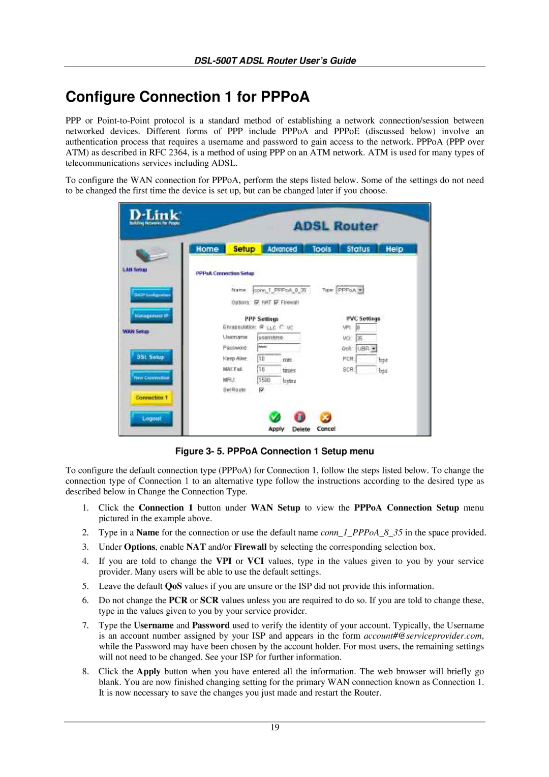 D-Link DSL-500T manual Configure Connection 1 for PPPoA, PPPoA Connection 1 Setup menu 