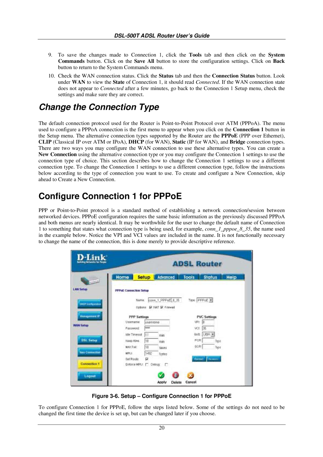 D-Link DSL-500T manual Change the Connection Type, Configure Connection 1 for PPPoE 