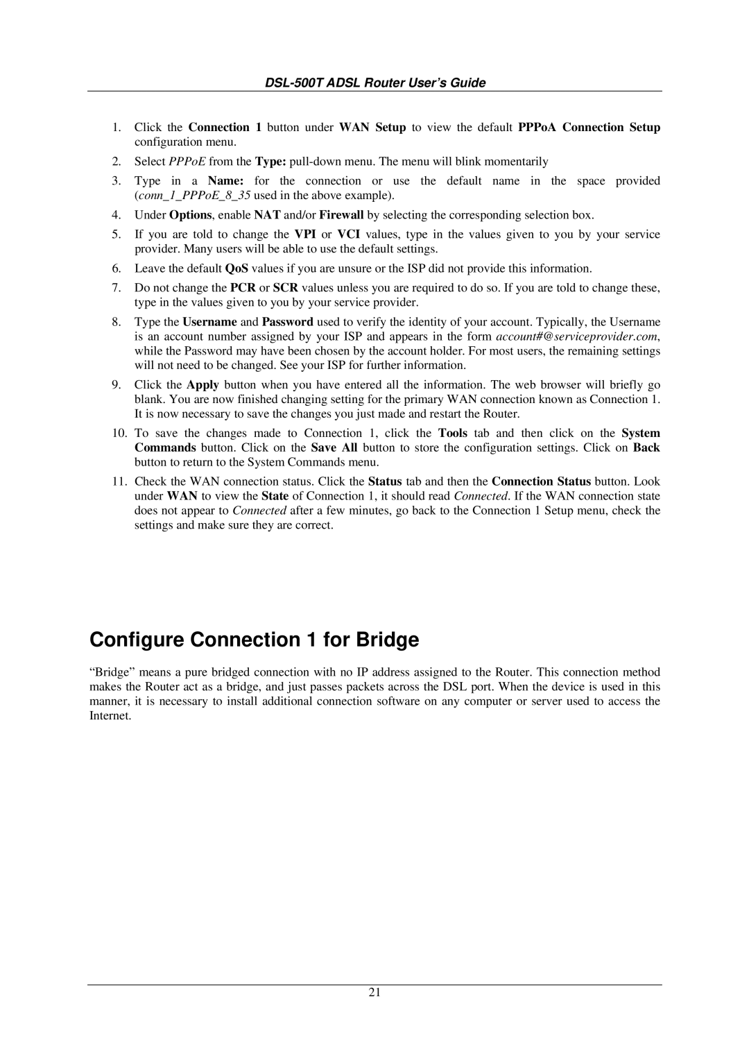 D-Link DSL-500T manual Configure Connection 1 for Bridge 