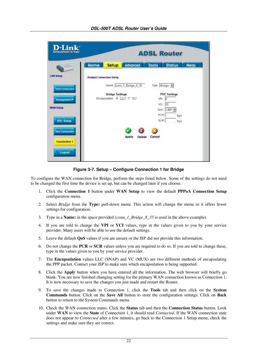 D-Link DSL-500T manual Setup Configure Connection 1 for Bridge 