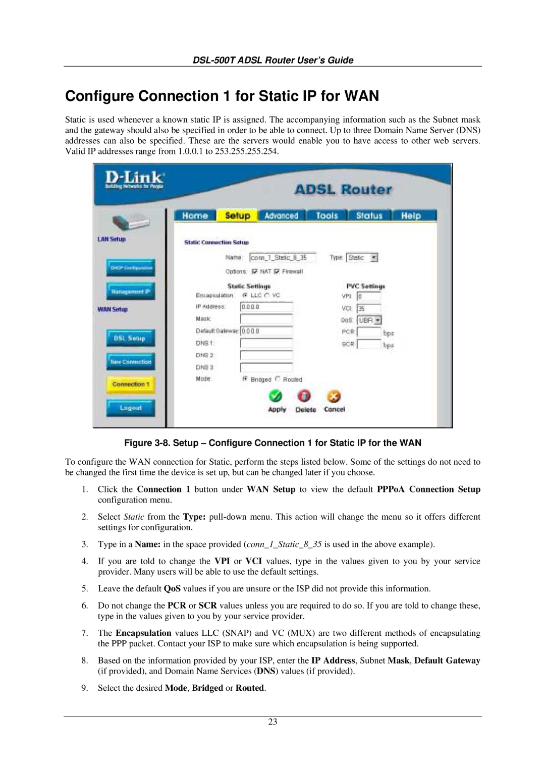 D-Link DSL-500T manual Configure Connection 1 for Static IP for WAN, Setup Configure Connection 1 for Static IP for the WAN 