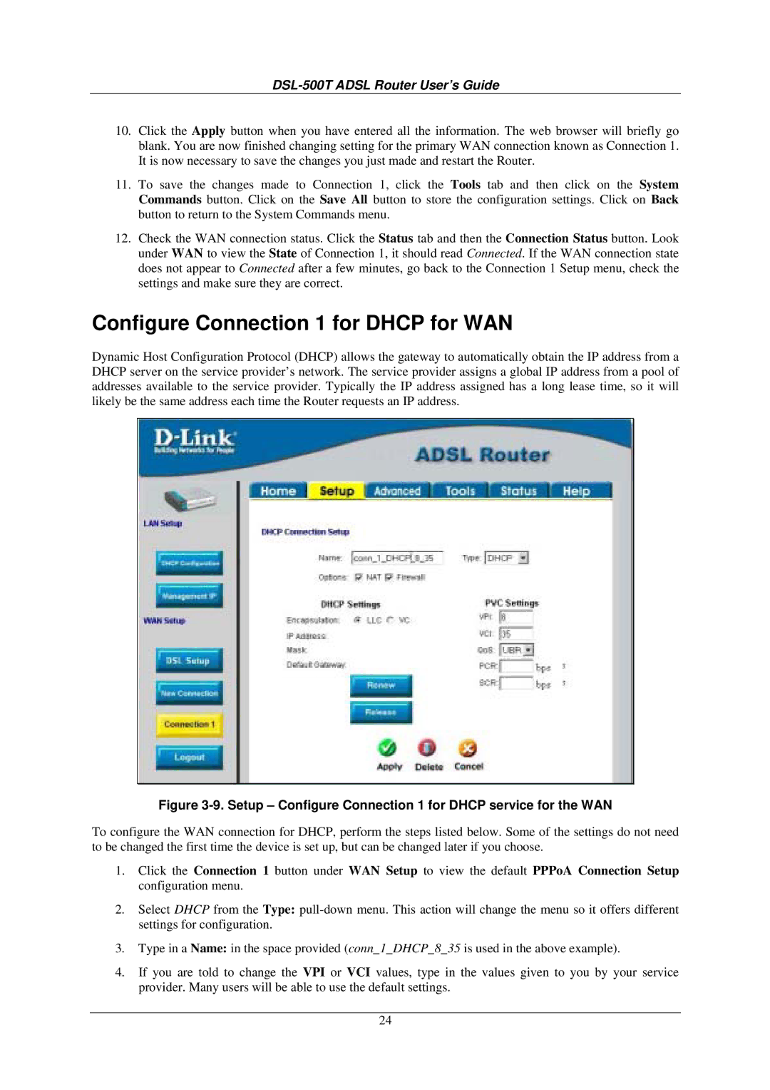 D-Link DSL-500T manual Configure Connection 1 for Dhcp for WAN, Setup Configure Connection 1 for Dhcp service for the WAN 