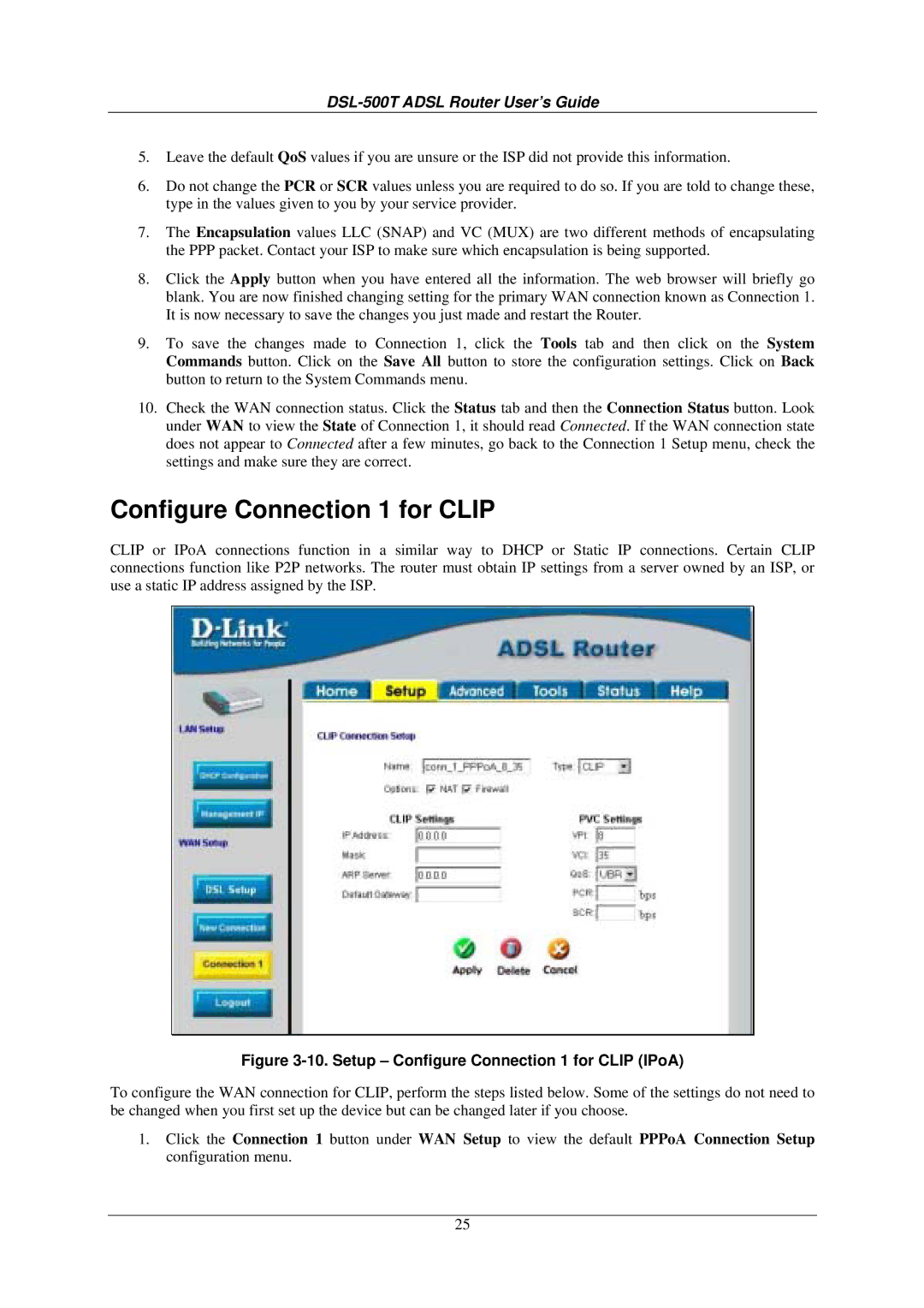 D-Link DSL-500T manual Setup Configure Connection 1 for Clip IPoA 