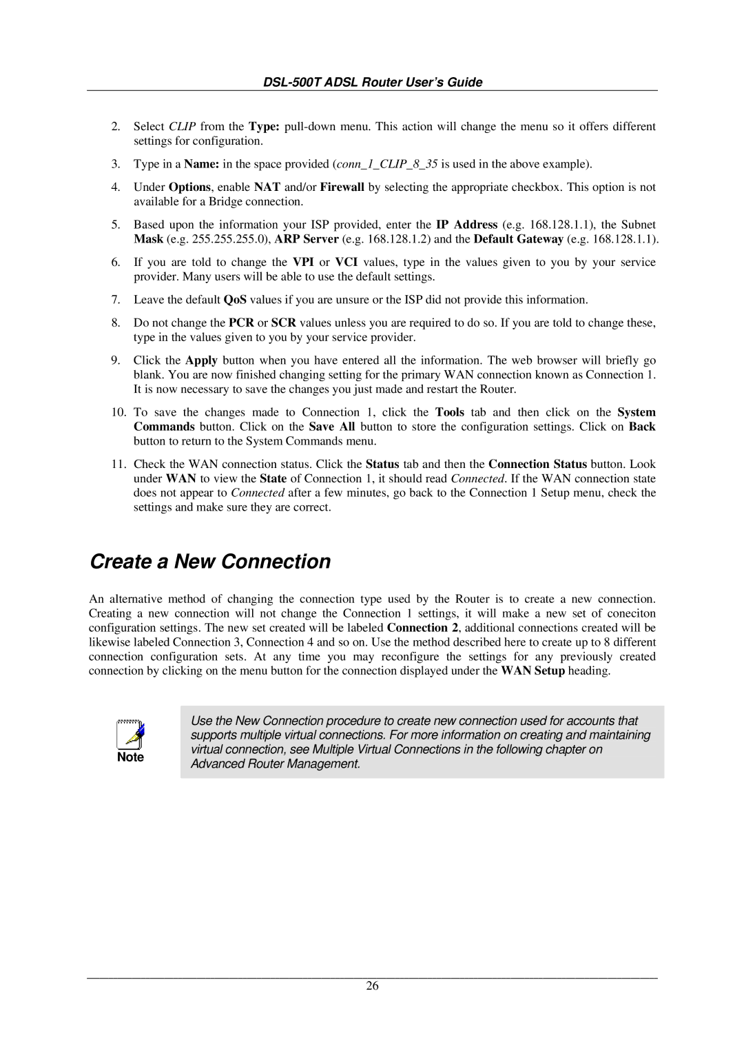 D-Link DSL-500T manual Create a New Connection 