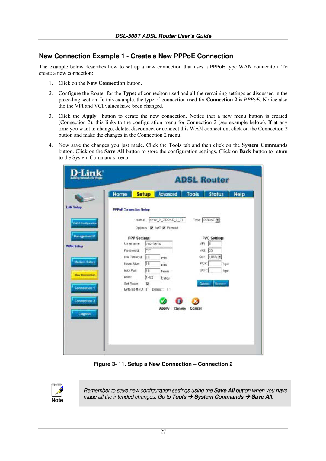 D-Link DSL-500T manual New Connection Example 1 Create a New PPPoE Connection, Setup a New Connection Connection 