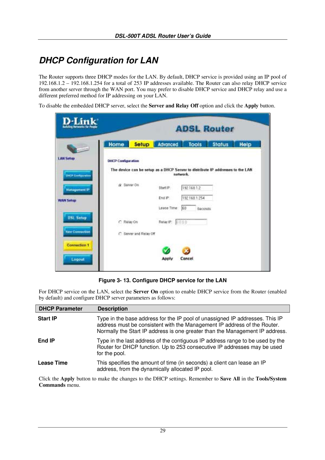 D-Link DSL-500T manual Dhcp Configuration for LAN, Dhcp Parameter Description Start IP, End IP, Lease Time 