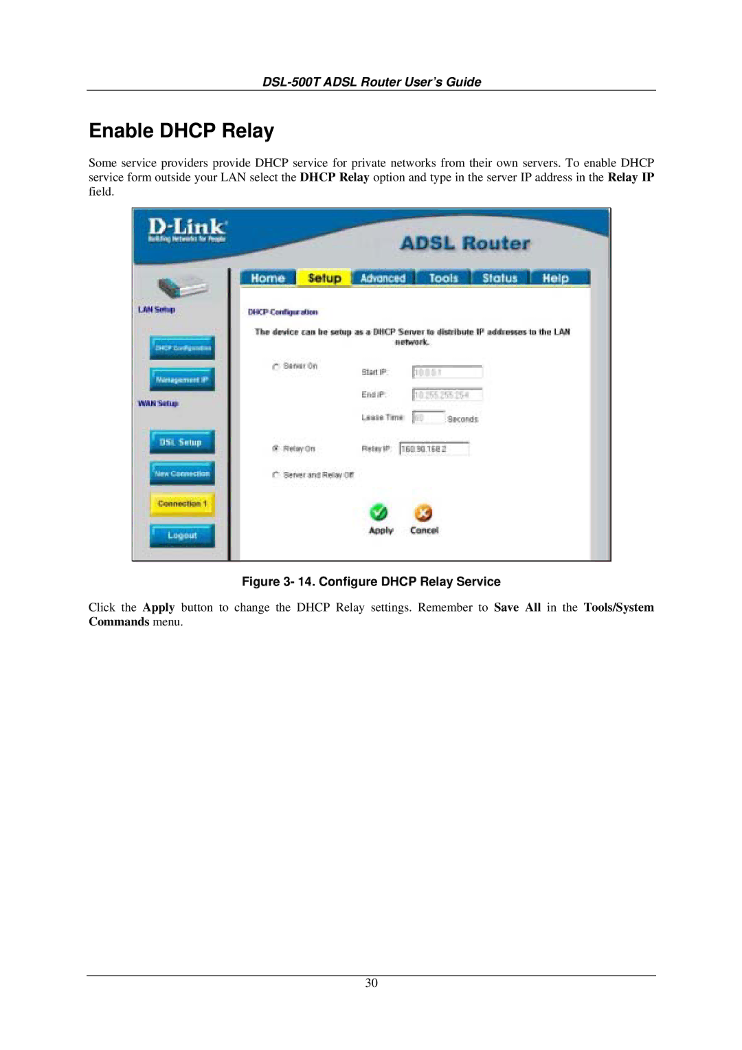 D-Link DSL-500T manual Enable Dhcp Relay, Configure Dhcp Relay Service 