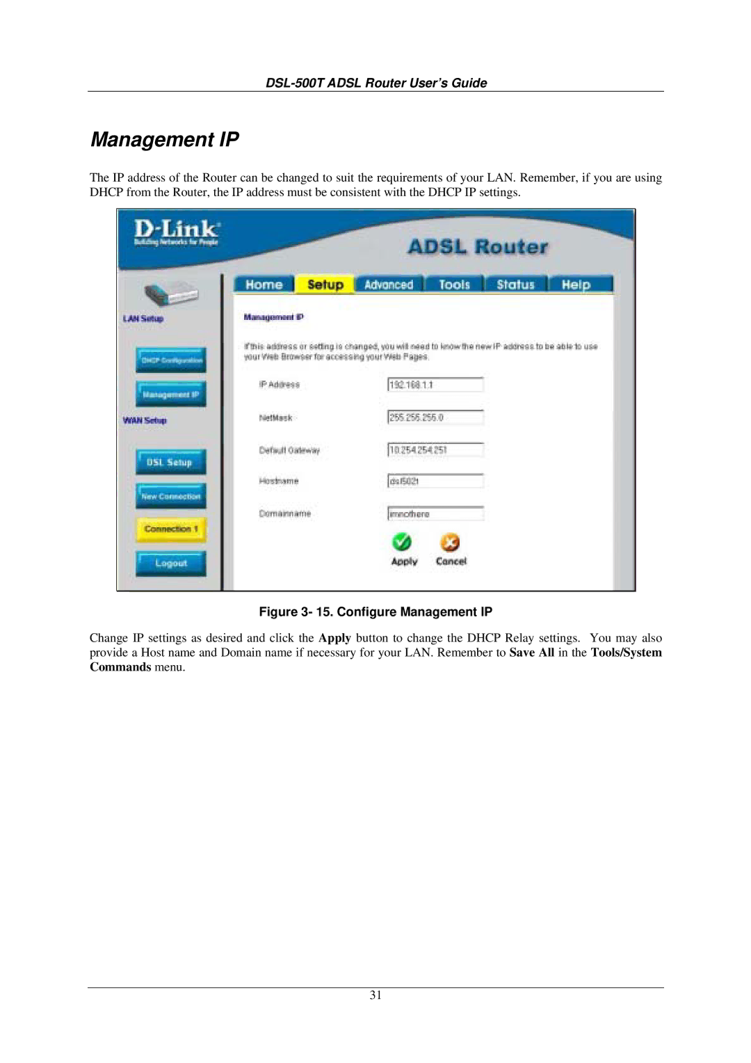 D-Link DSL-500T manual Configure Management IP 