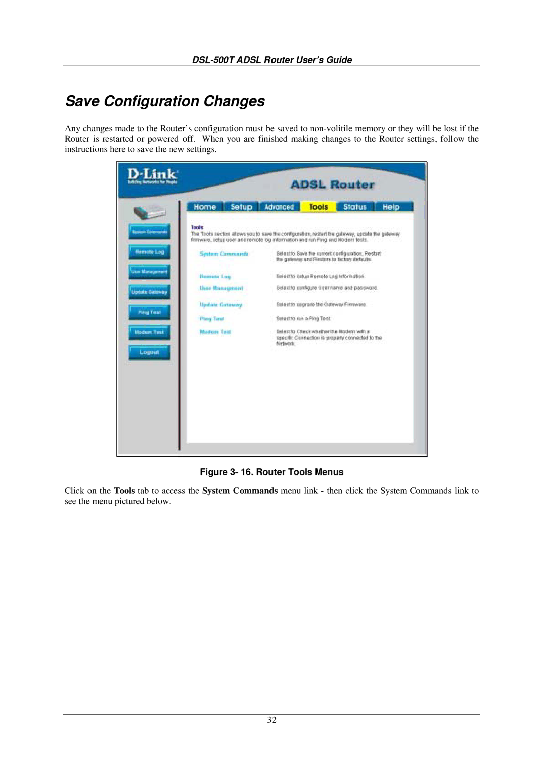 D-Link DSL-500T manual Save Configuration Changes, Router Tools Menus 