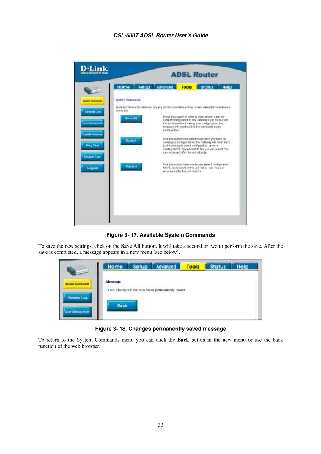 D-Link DSL-500T manual Available System Commands 