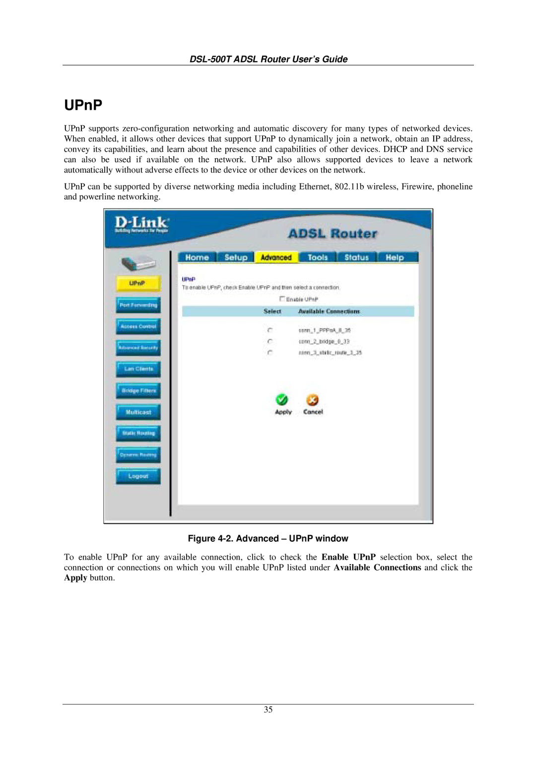 D-Link DSL-500T manual Advanced UPnP window 