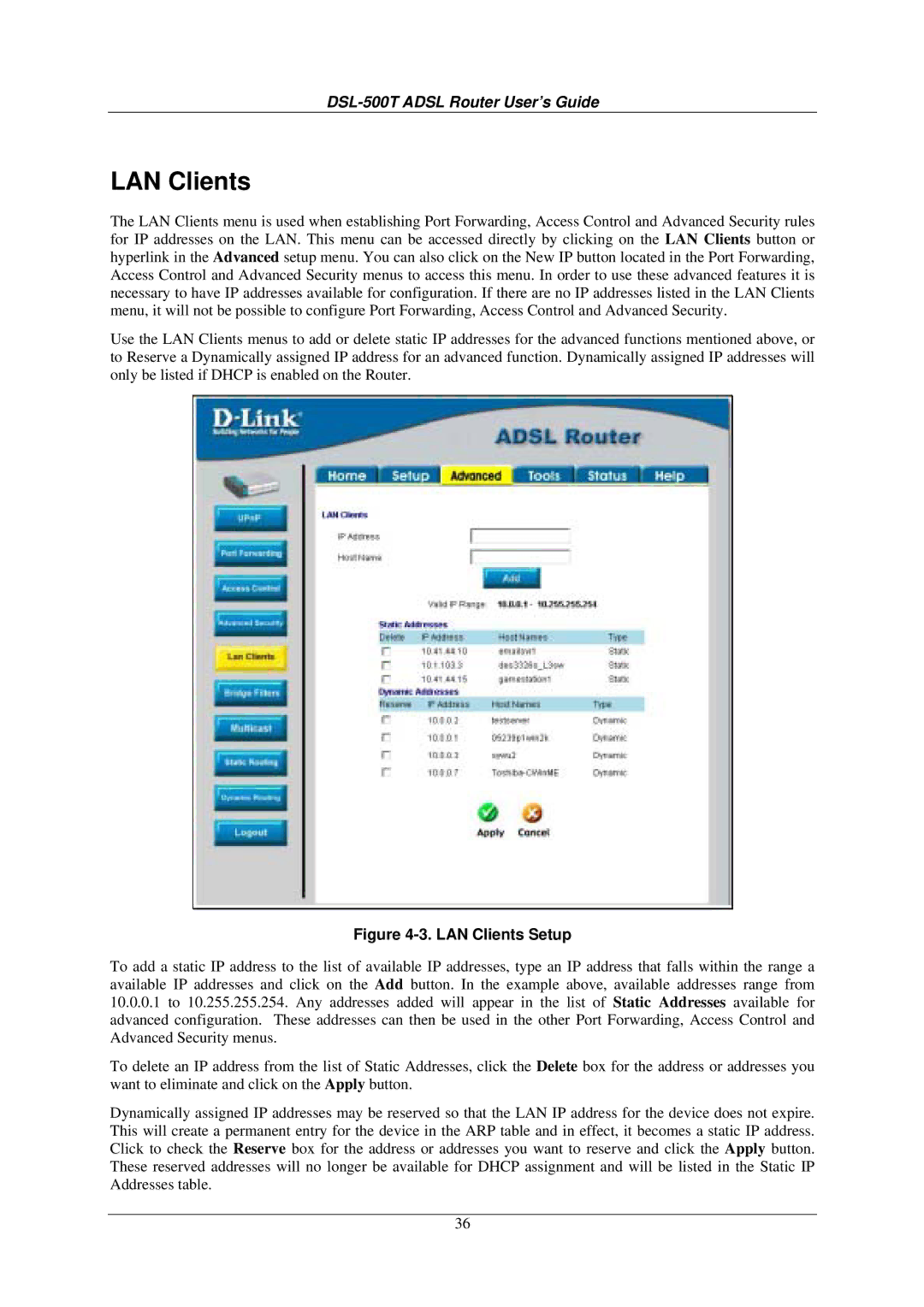 D-Link DSL-500T manual LAN Clients Setup 