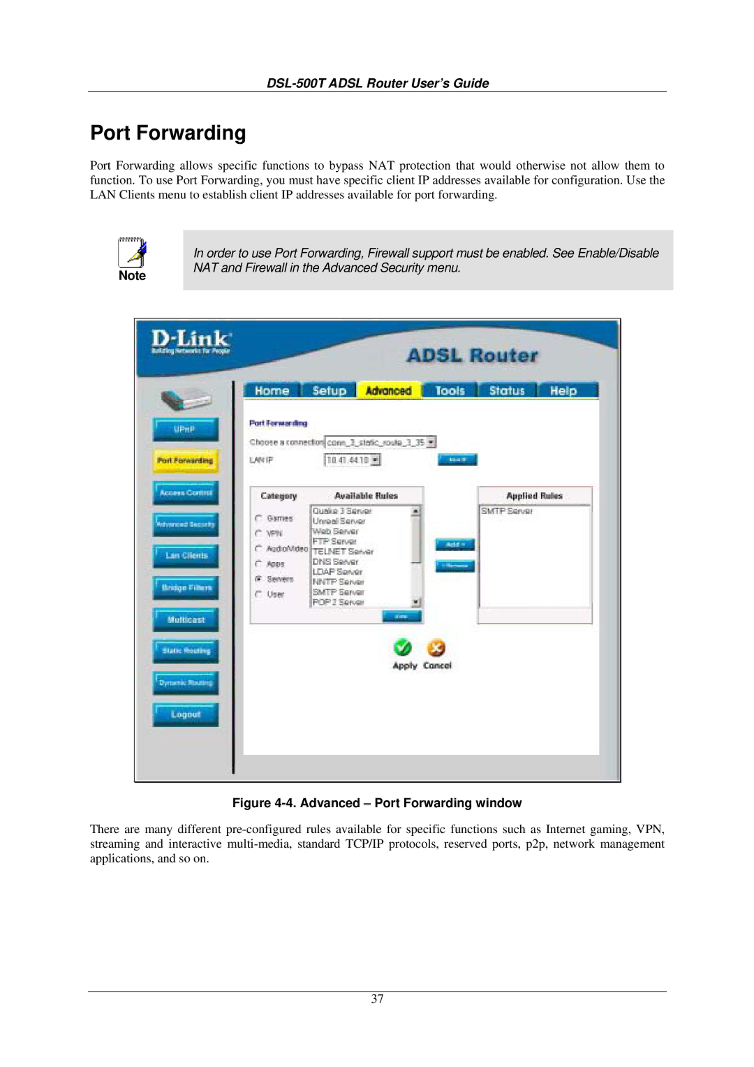 D-Link DSL-500T manual Advanced Port Forwarding window 