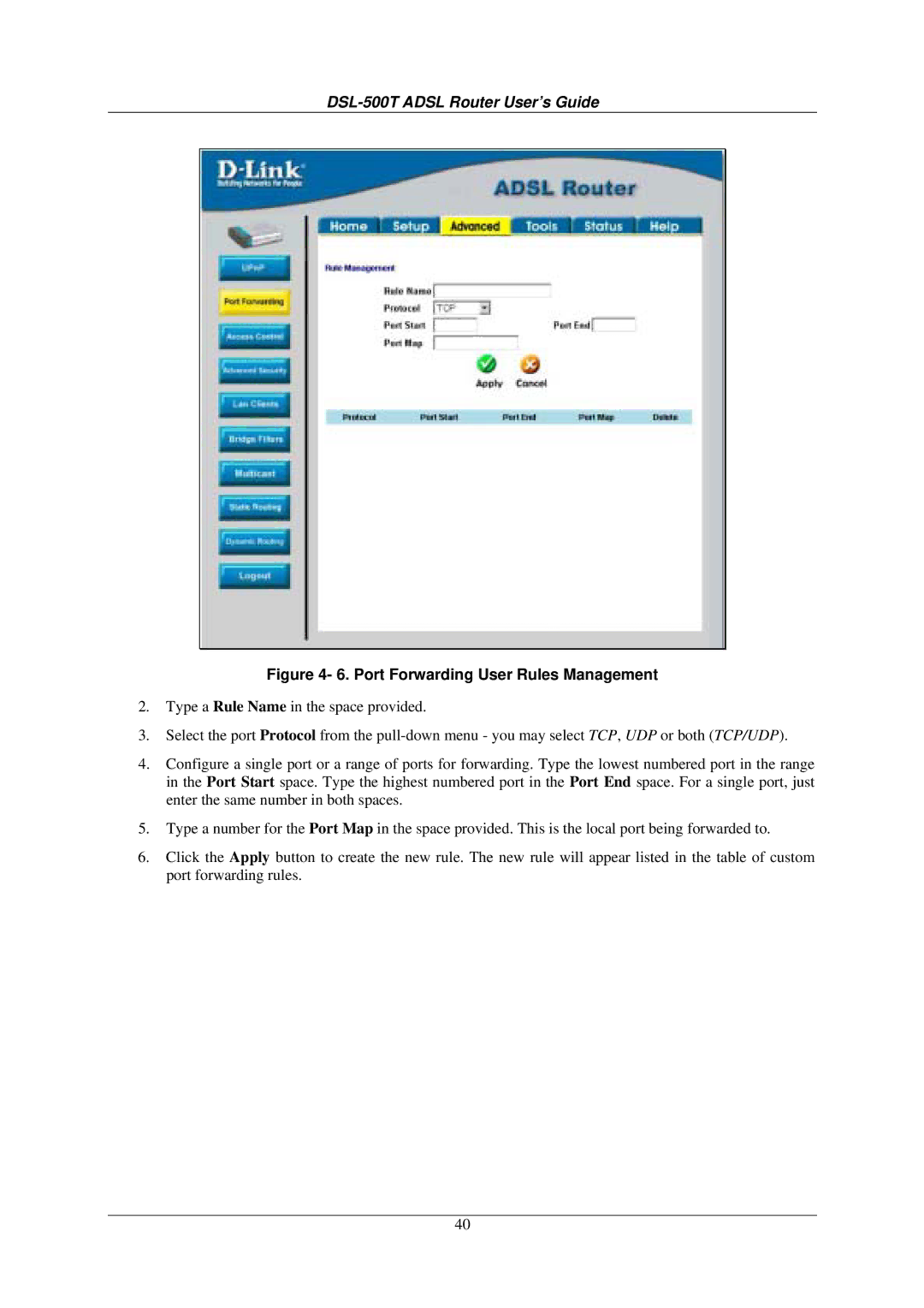 D-Link DSL-500T manual Port Forwarding User Rules Management 