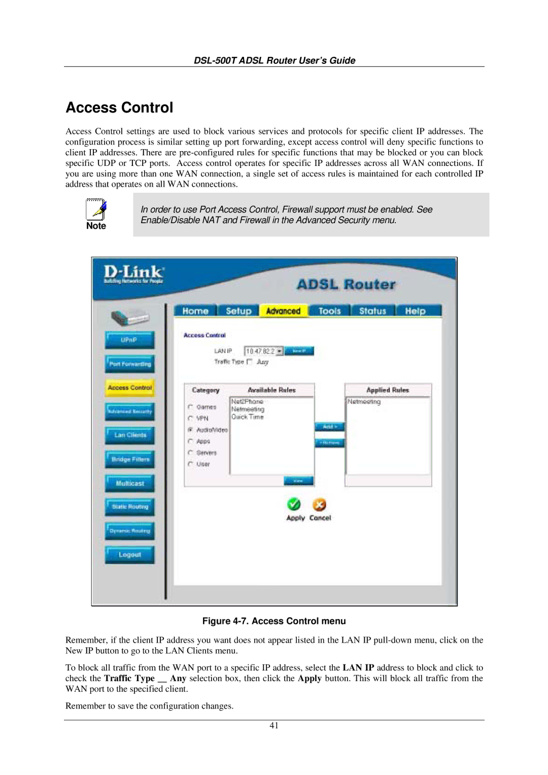 D-Link DSL-500T manual Access Control menu 