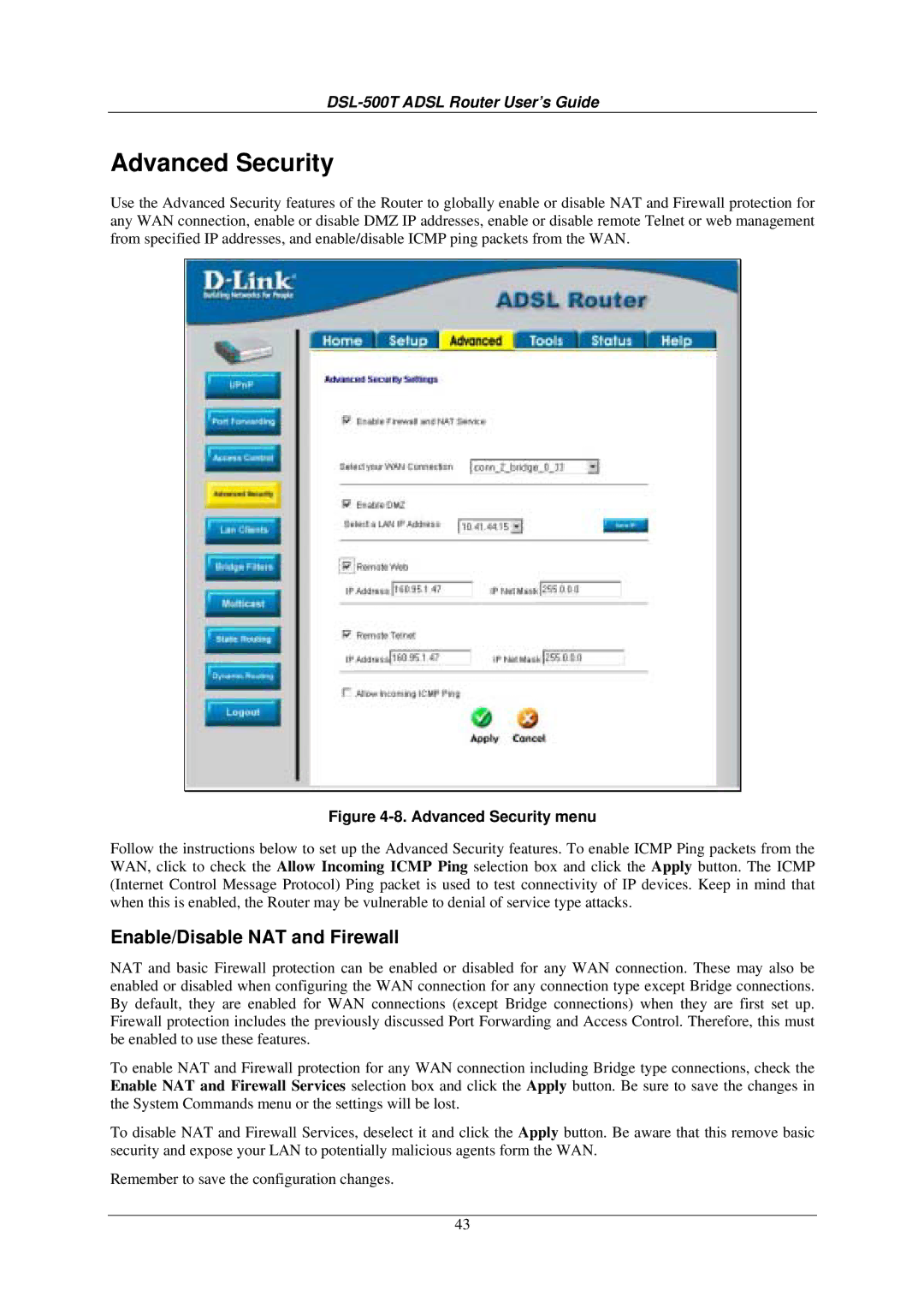 D-Link DSL-500T manual Advanced Security, Enable/Disable NAT and Firewall 