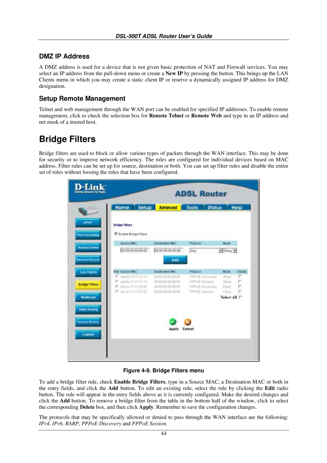 D-Link DSL-500T manual Bridge Filters, DMZ IP Address, Setup Remote Management 