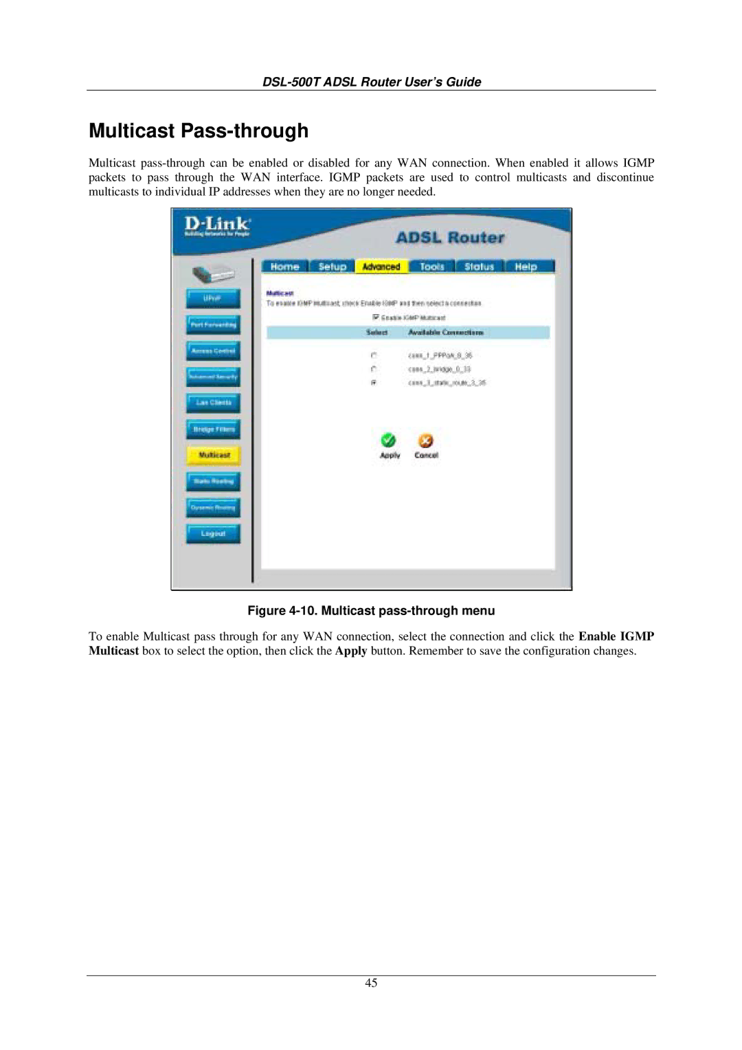 D-Link DSL-500T manual Multicast Pass-through, Multicast pass-through menu 