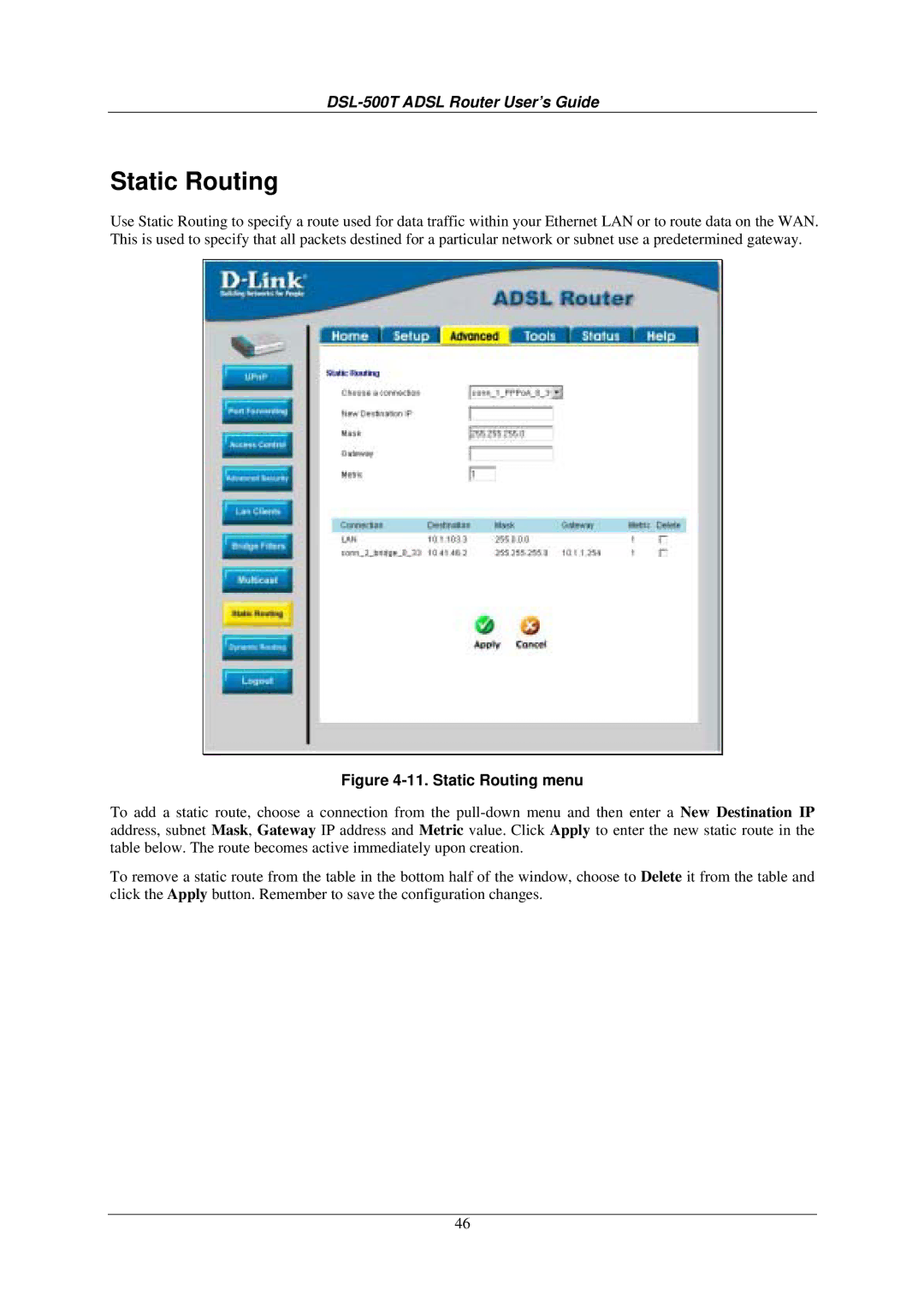 D-Link DSL-500T manual Static Routing menu 