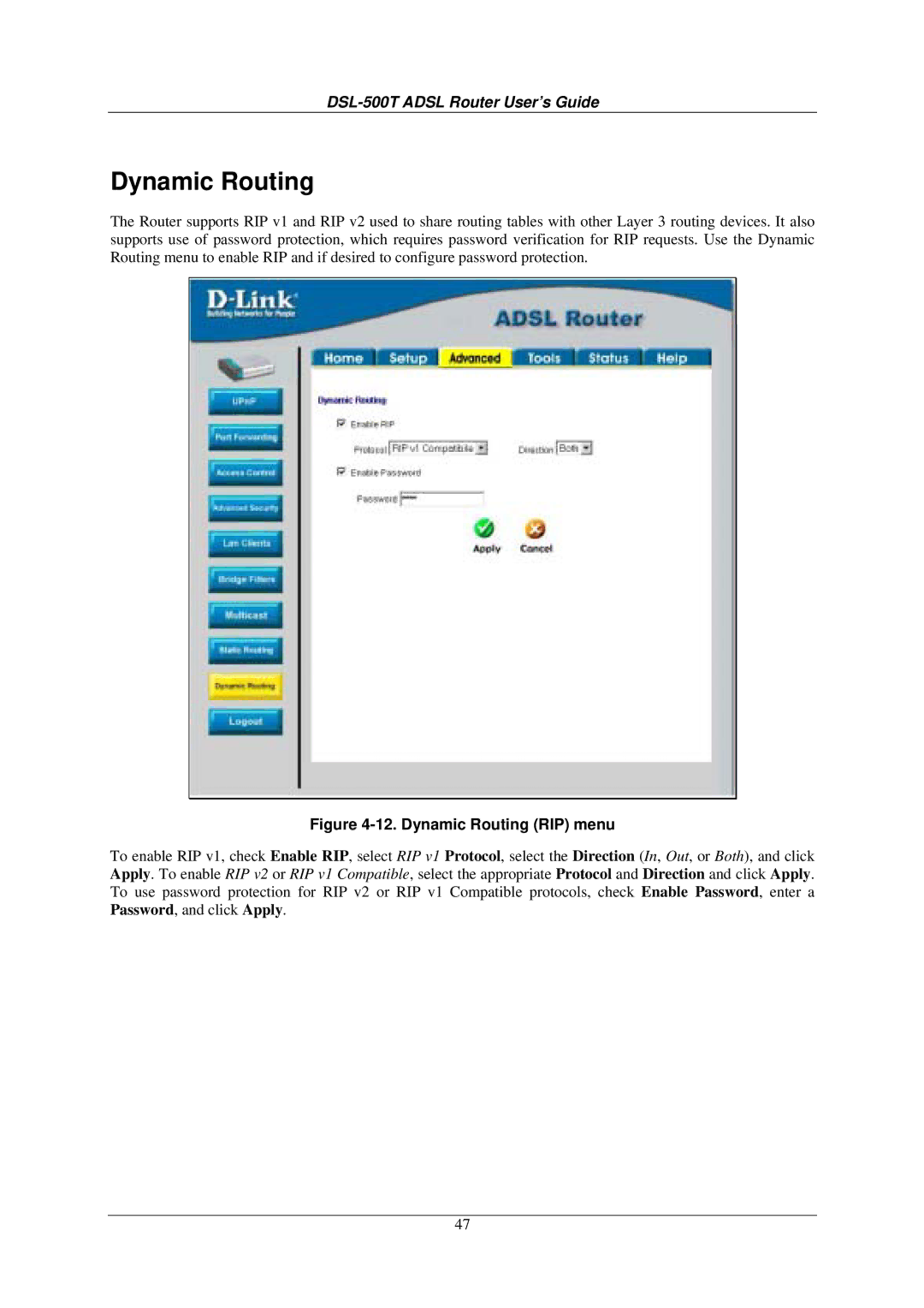 D-Link DSL-500T manual Dynamic Routing RIP menu 