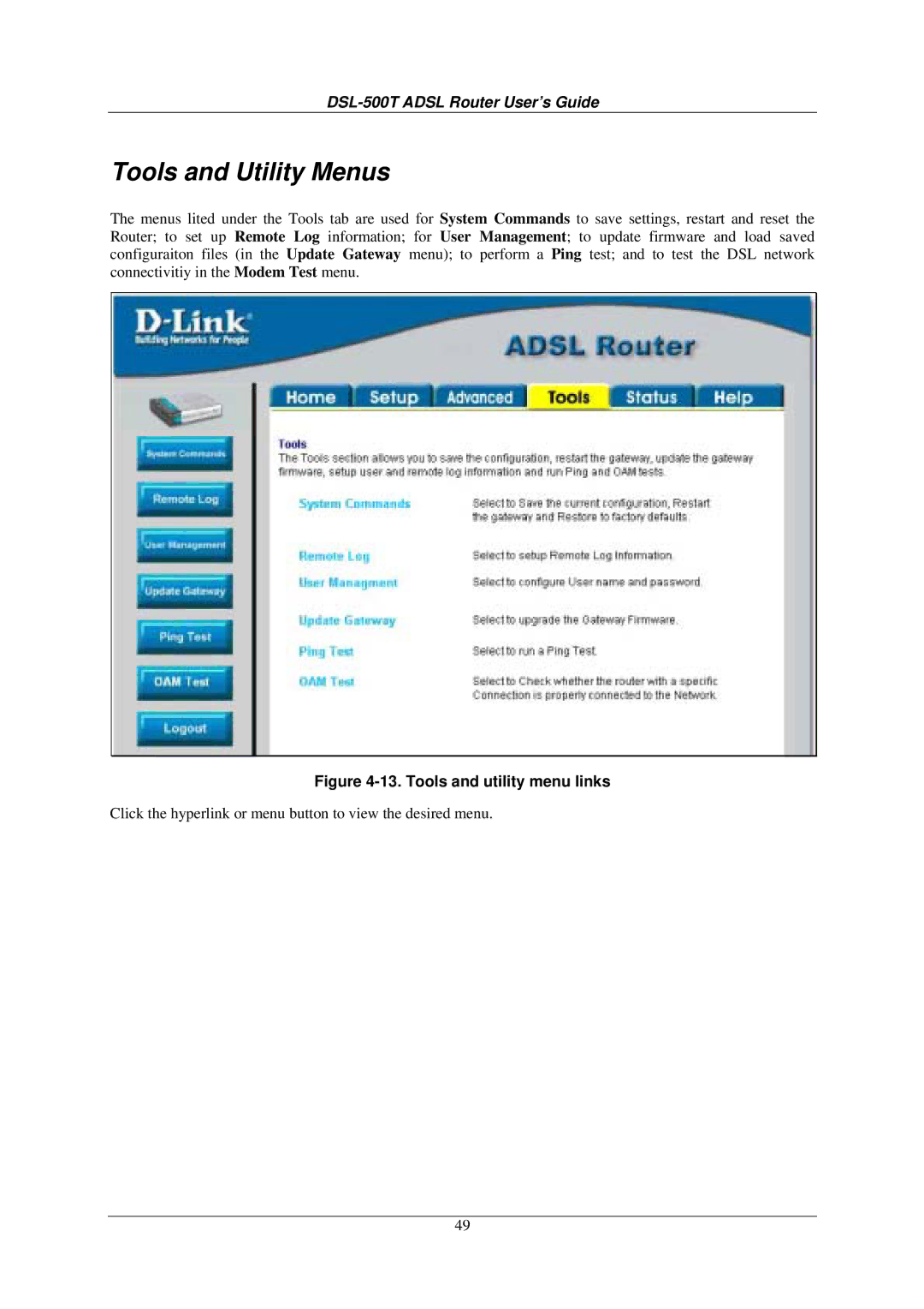 D-Link DSL-500T manual Tools and Utility Menus, Tools and utility menu links 