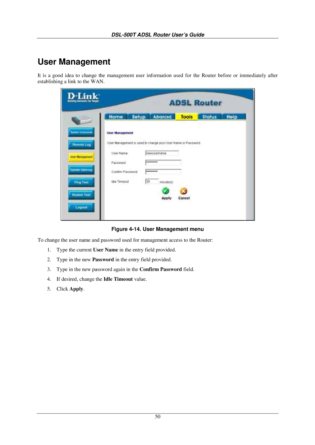 D-Link DSL-500T manual User Management menu 