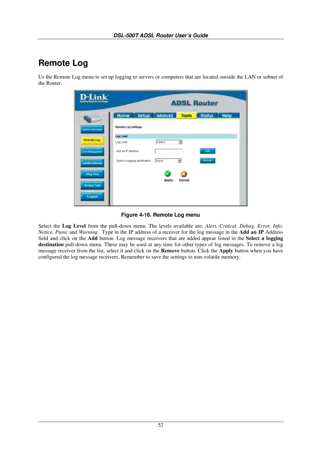 D-Link DSL-500T manual Remote Log menu 