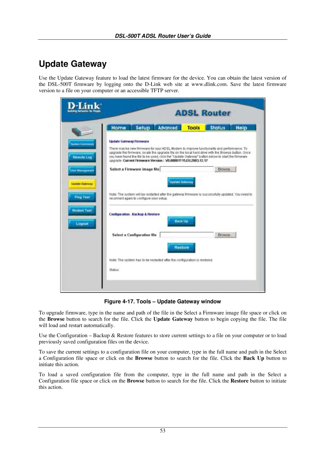 D-Link DSL-500T manual Tools Update Gateway window 