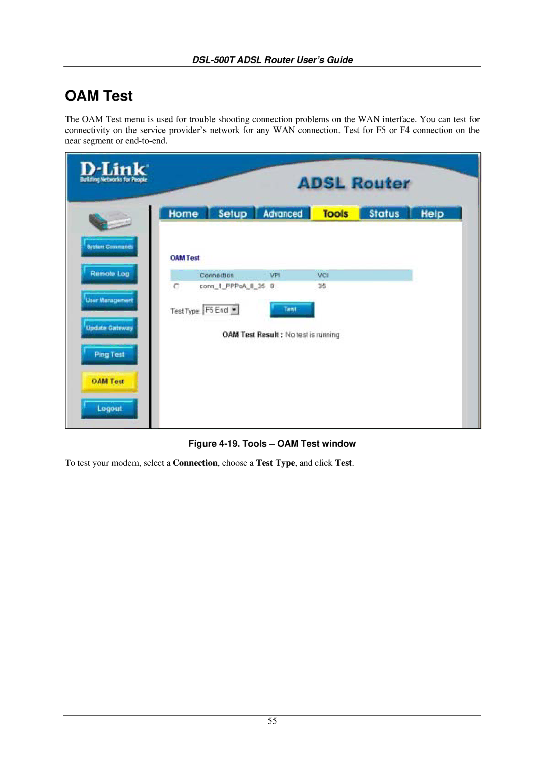 D-Link DSL-500T manual Tools OAM Test window 