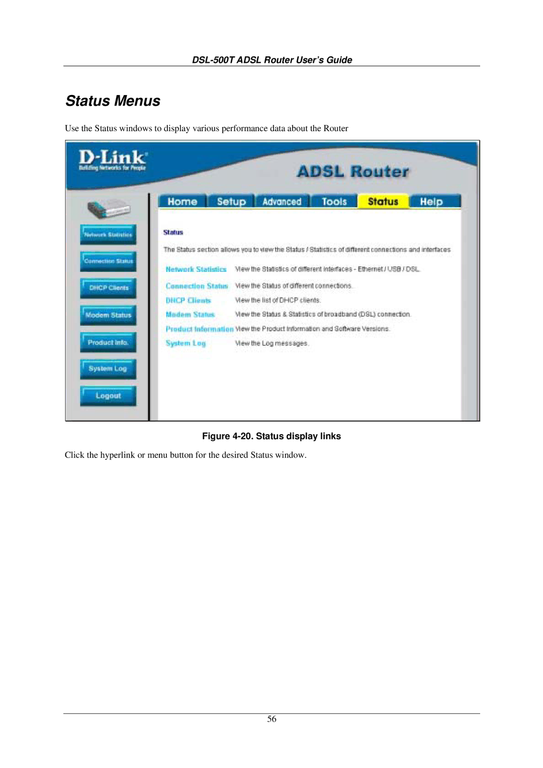 D-Link DSL-500T manual Status Menus, Status display links 