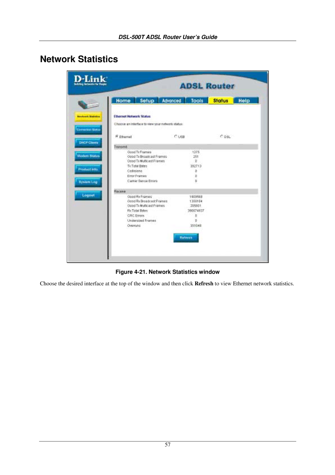 D-Link DSL-500T manual Network Statistics window 