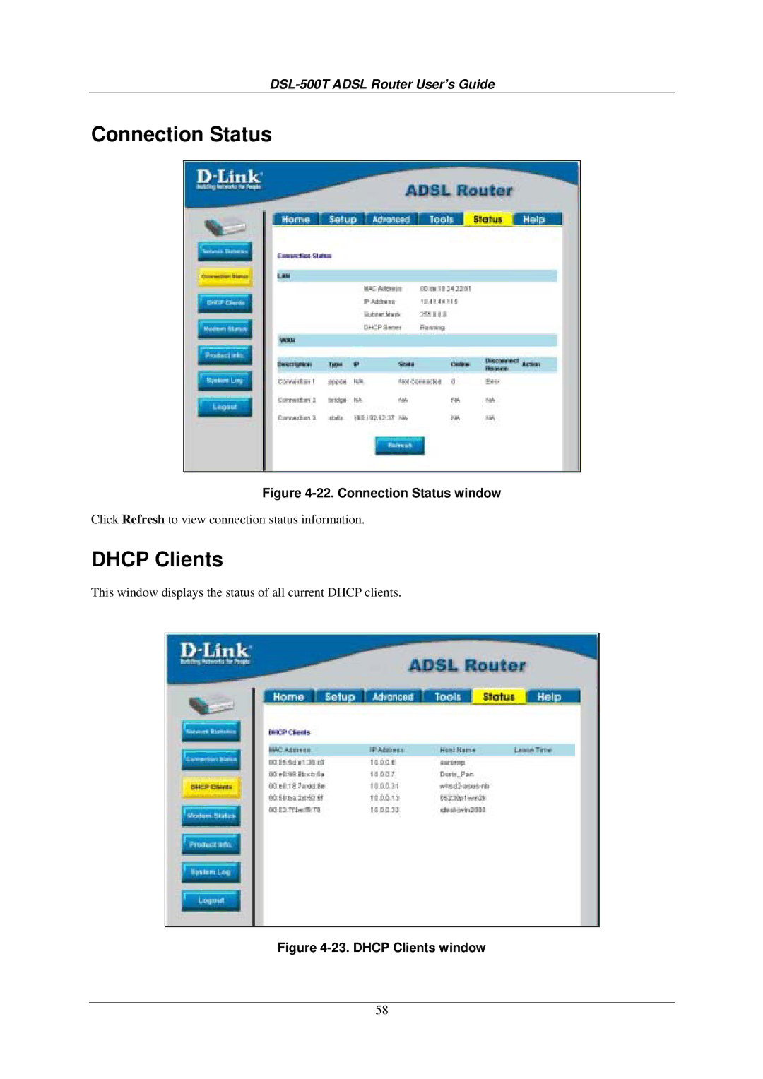 D-Link DSL-500T manual Connection Status, Dhcp Clients 