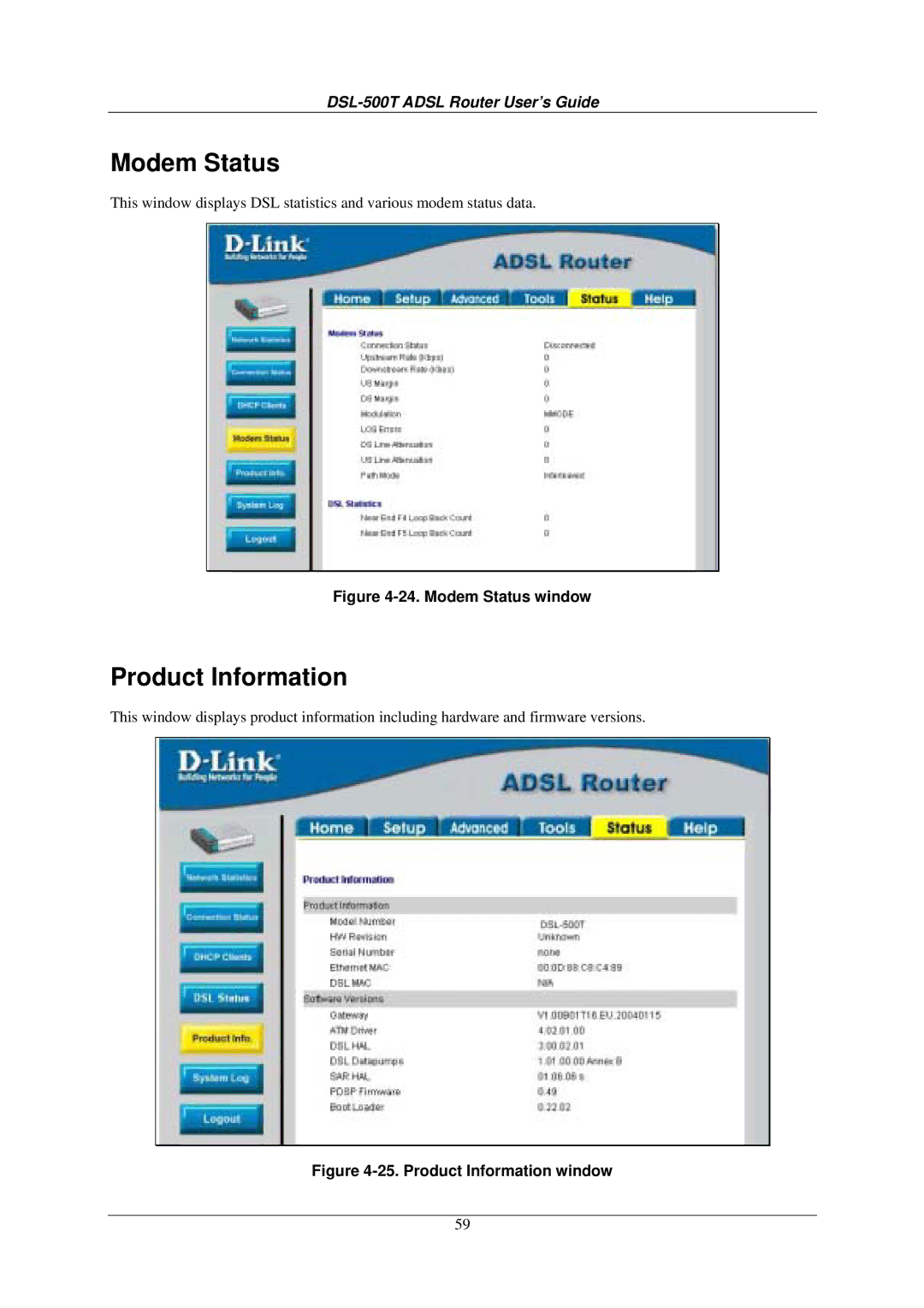 D-Link DSL-500T manual Modem Status, Product Information 