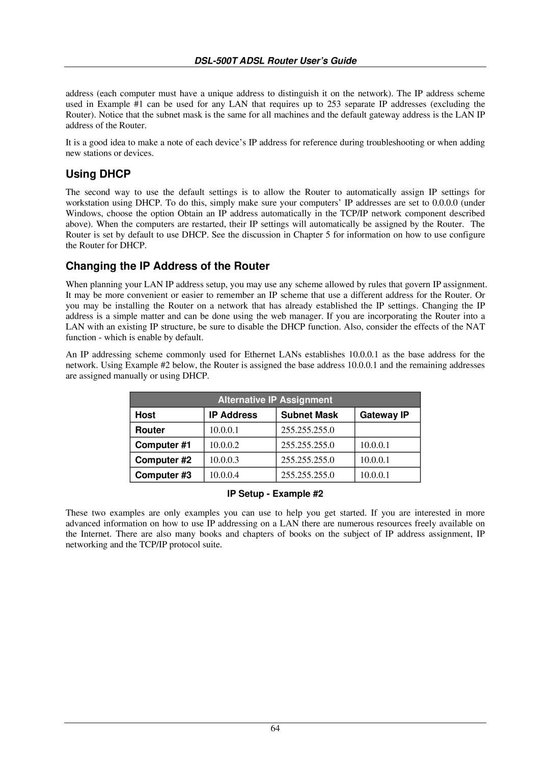 D-Link DSL-500T manual Using Dhcp, Changing the IP Address of the Router, IP Setup Example #2 