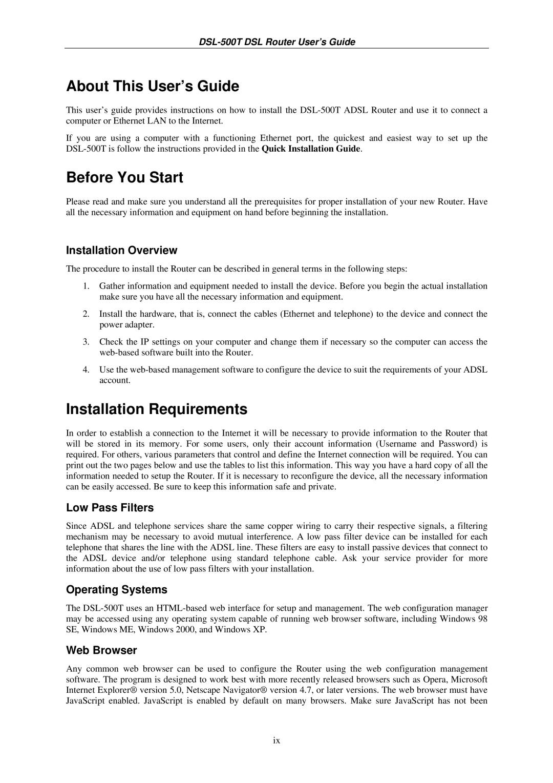 D-Link DSL-500T manual About This User’s Guide, Before You Start, Installation Requirements 