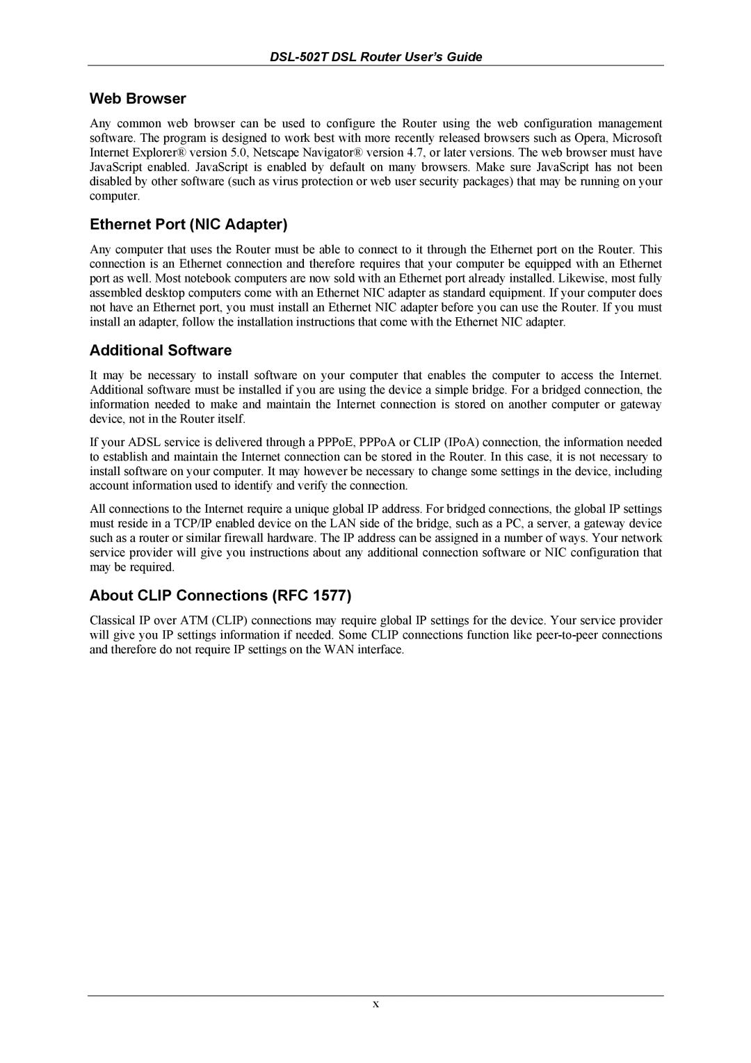 D-Link DSL-502T manual Web Browser, Ethernet Port NIC Adapter, Additional Software, About Clip Connections RFC 