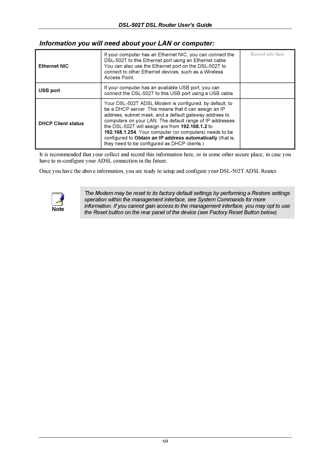 D-Link DSL-502T manual Information you will need about your LAN or computer 