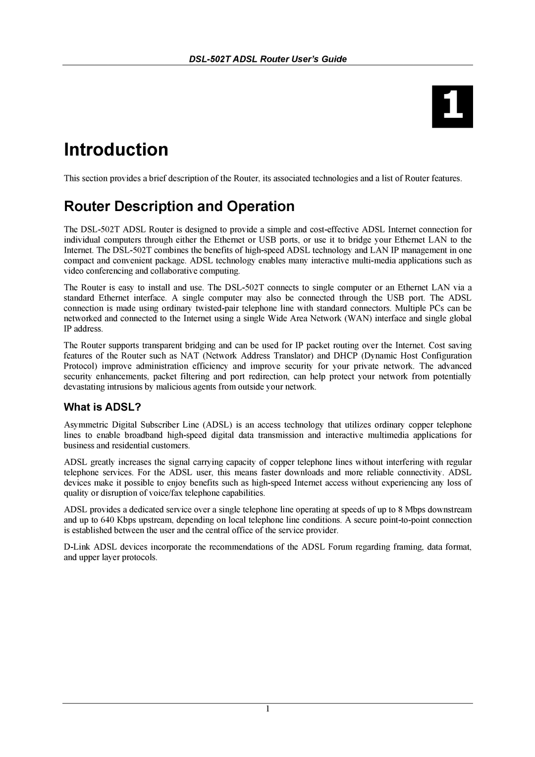 D-Link DSL-502T manual Router Description and Operation, What is ADSL? 