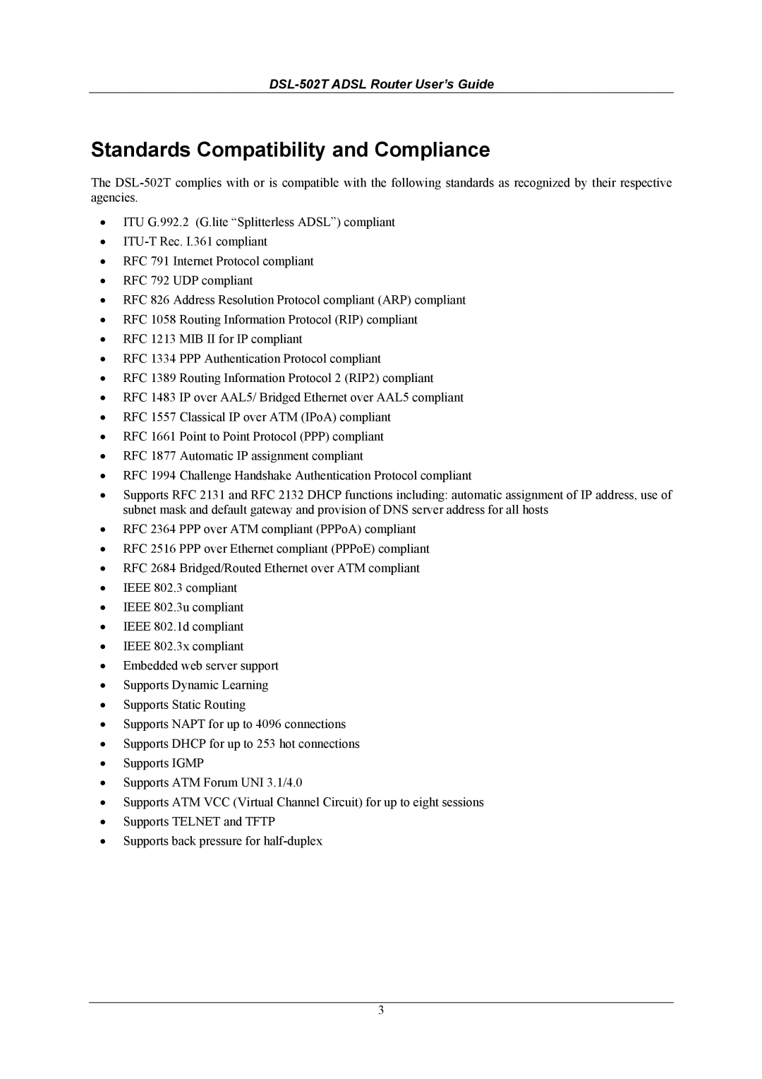 D-Link DSL-502T manual Standards Compatibility and Compliance 