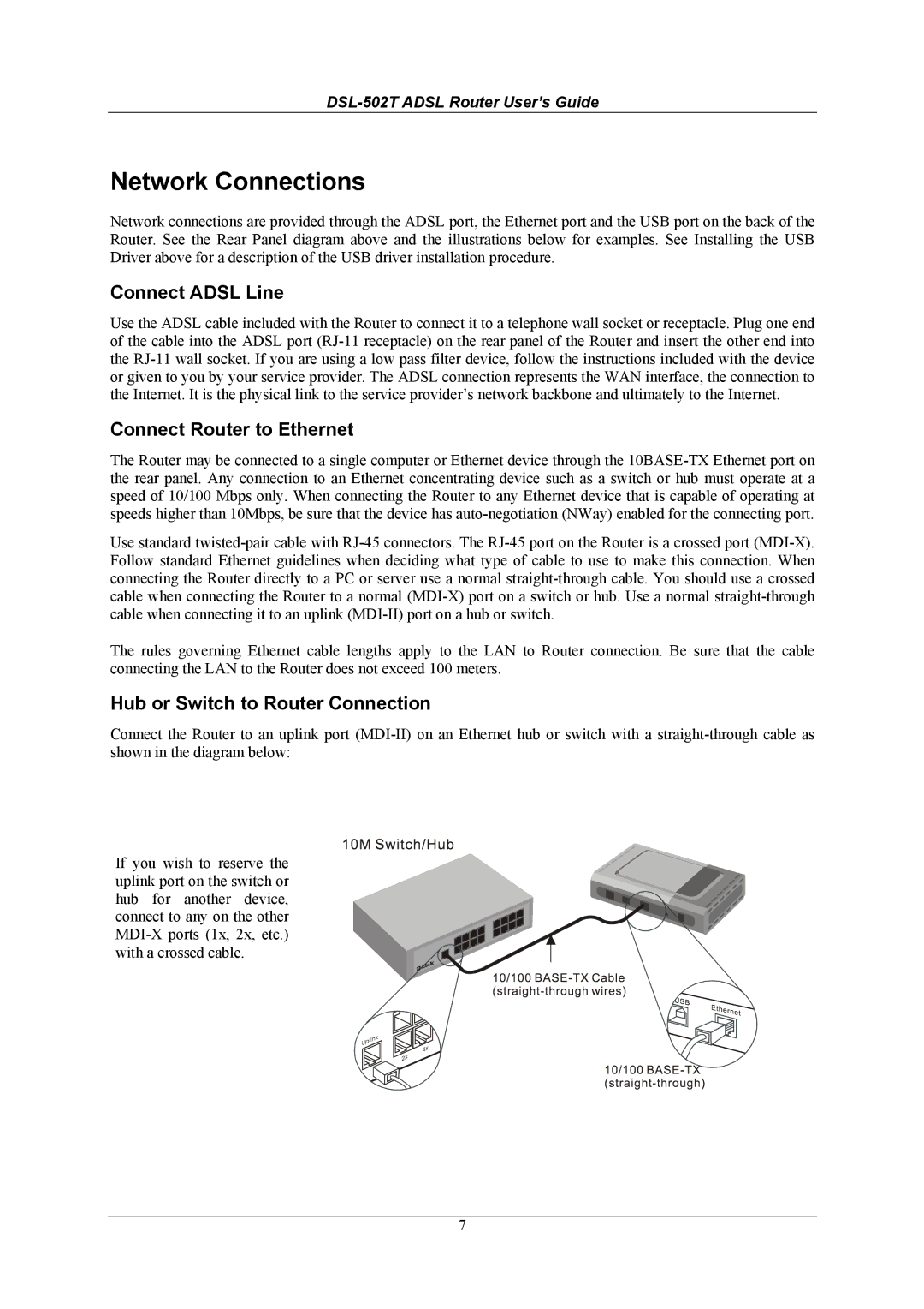 D-Link DSL-502T Network Connections, Connect Adsl Line, Connect Router to Ethernet, Hub or Switch to Router Connection 