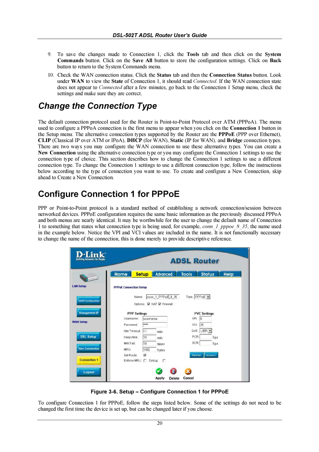 D-Link DSL-502T manual Change the Connection Type, Configure Connection 1 for PPPoE 