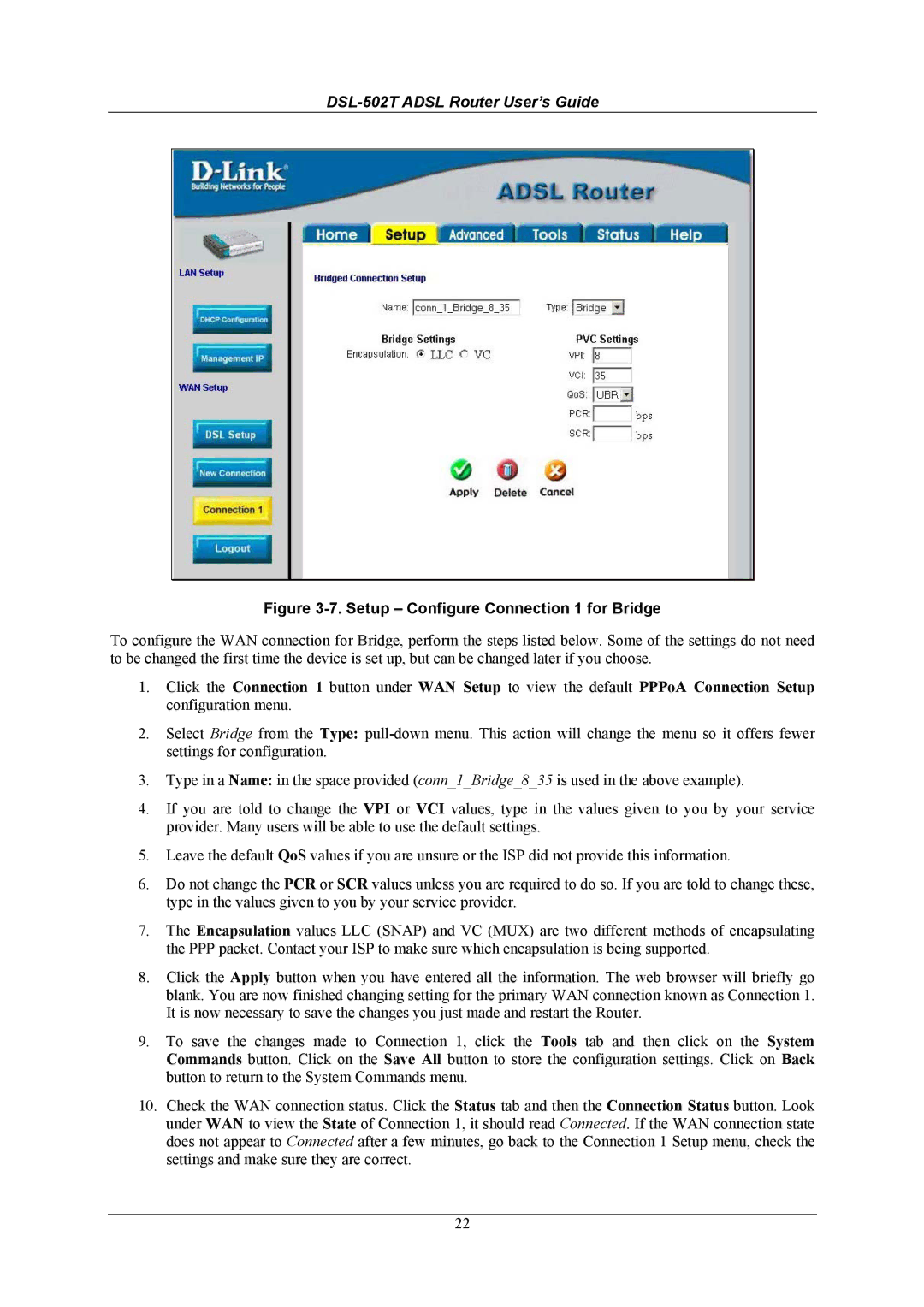 D-Link DSL-502T manual Setup Configure Connection 1 for Bridge 