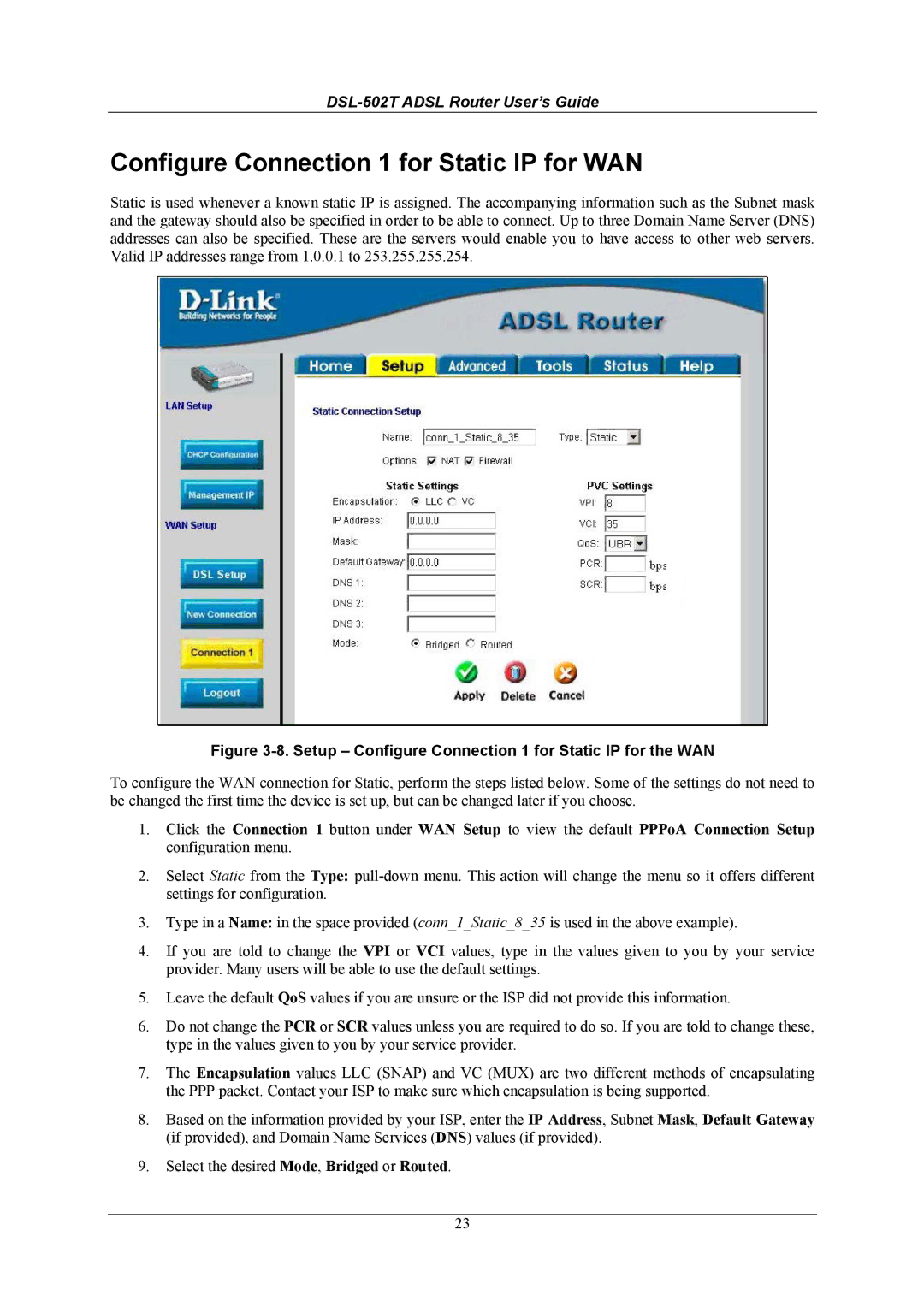 D-Link DSL-502T manual Configure Connection 1 for Static IP for WAN, Setup Configure Connection 1 for Static IP for the WAN 