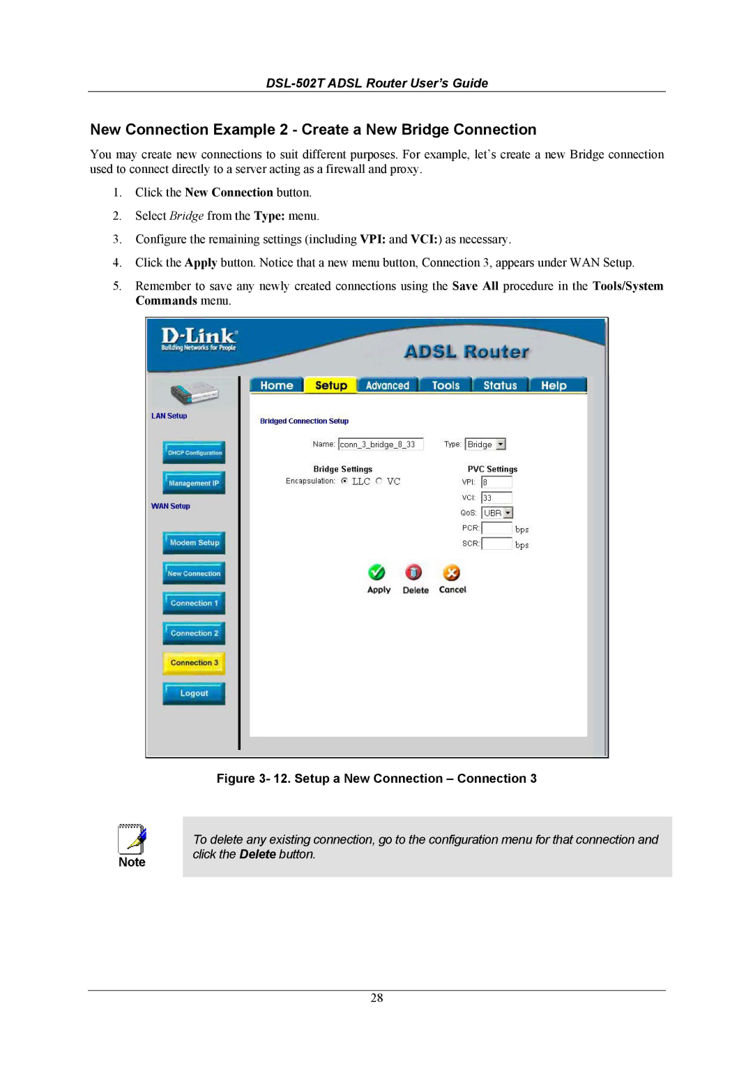 D-Link DSL-502T manual New Connection Example 2 Create a New Bridge Connection, Setup a New Connection Connection 